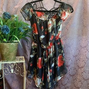 Sunnyme Rose Print Sheer Romper On or Off Shoulder Elastic Tie Waist Lined